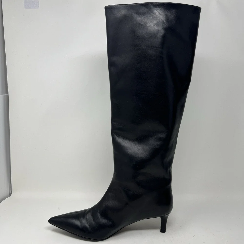 Free People Kiki Knee High Kitten Heel Boots Womens Size 7 Black Leather Pull On